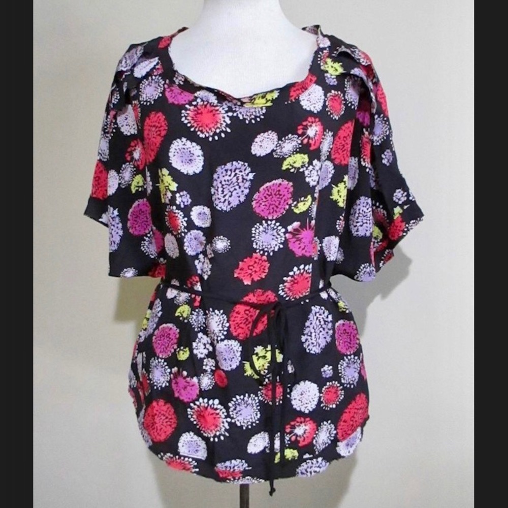 Anthropologie Dolan Silk Floral Blouse - Short Sleeve Top w Tie Waist EUC Small
